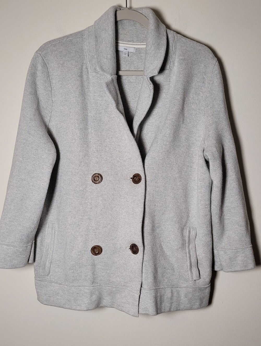 Gap Women's Light Gray Double-Breasted Sweater Jacket XL Cotton Long Sleeve